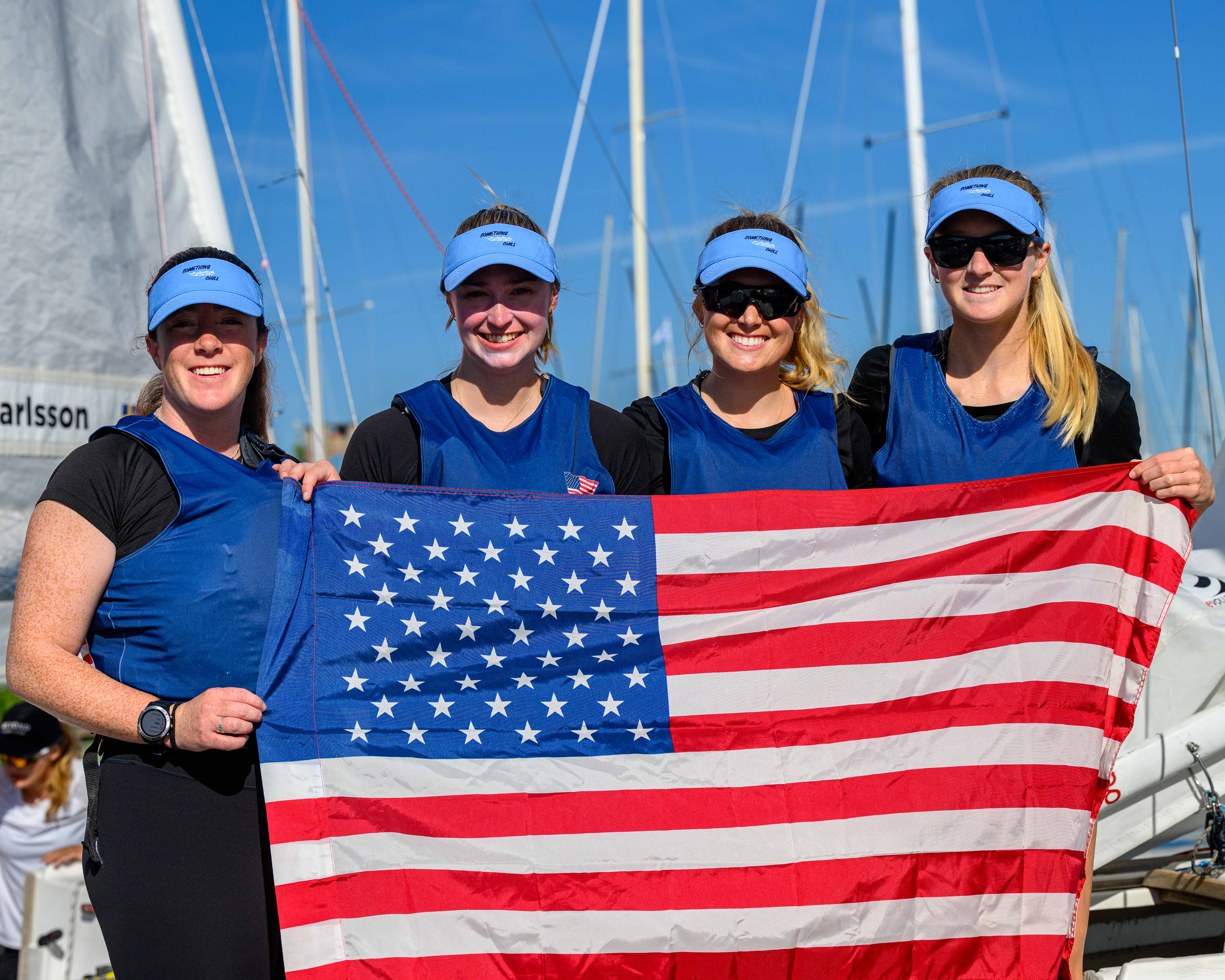 Competitors gathered with the American flag